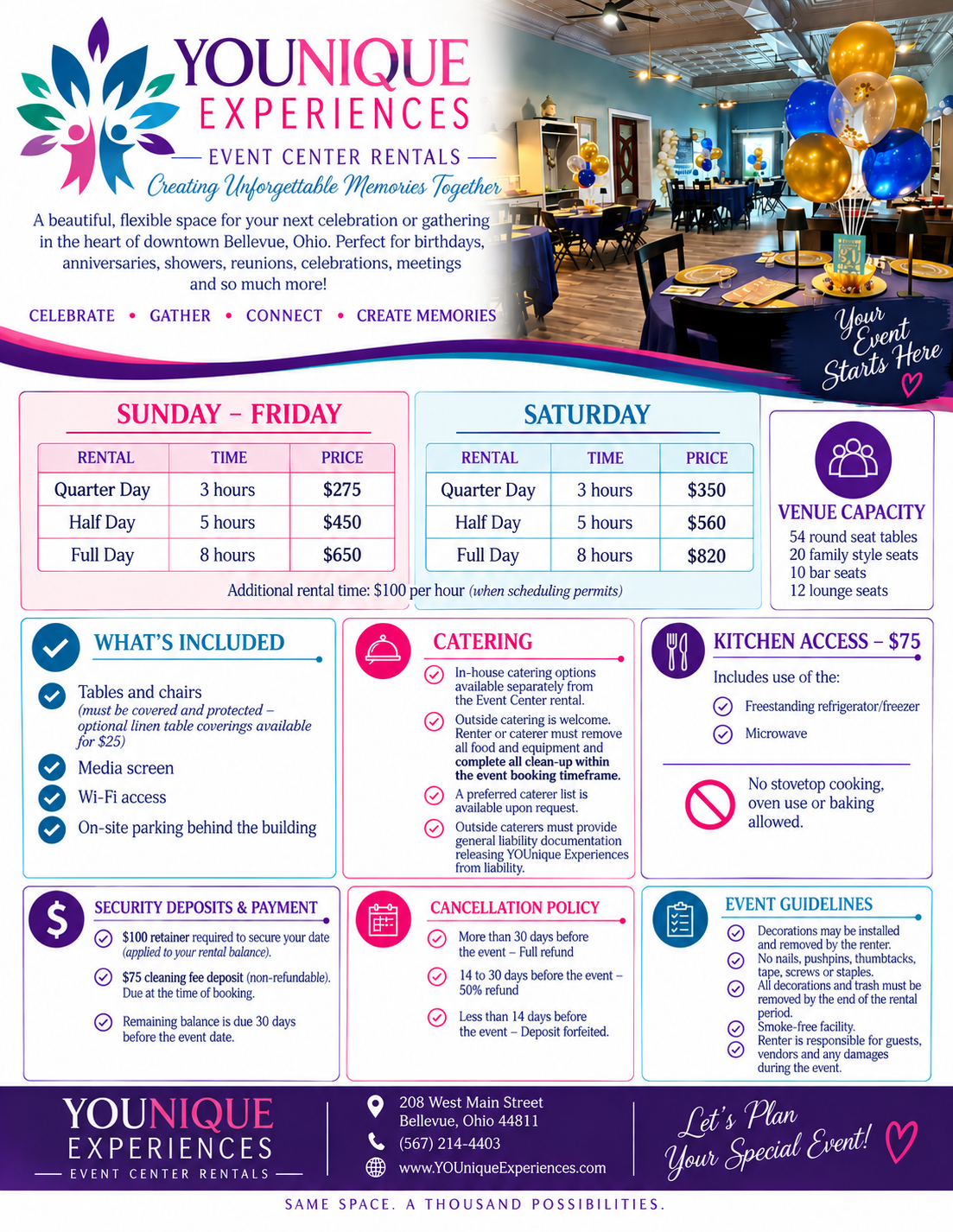 YOUnique Experiences rental facility information, pricing, amenities, policies, and event guidelines