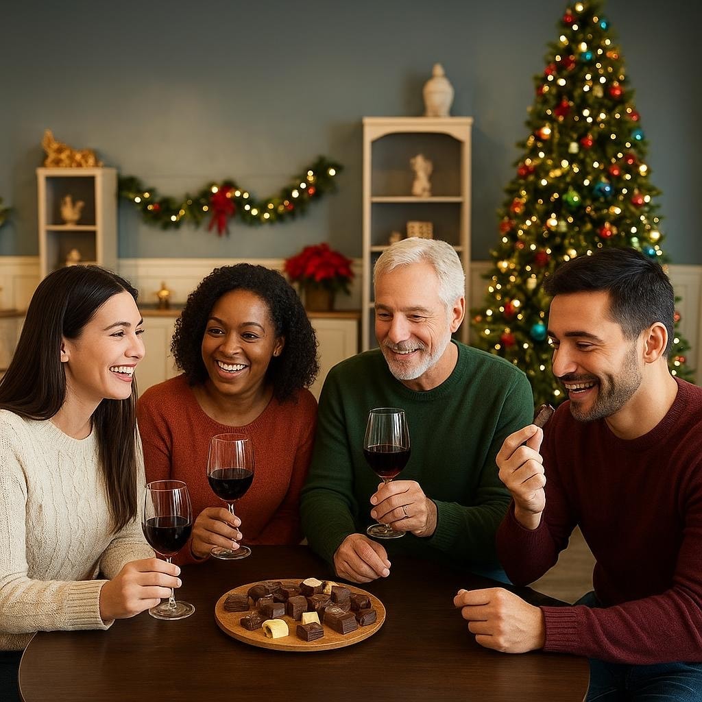Friends sharing wine and chocolate in the event space